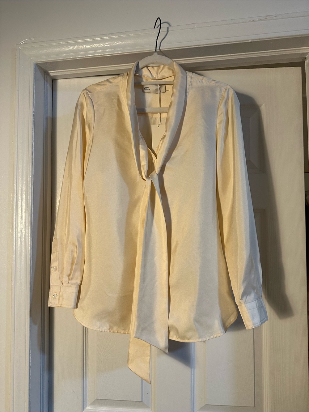 Tory Burch Cream Tie-Neck Silk Blouse